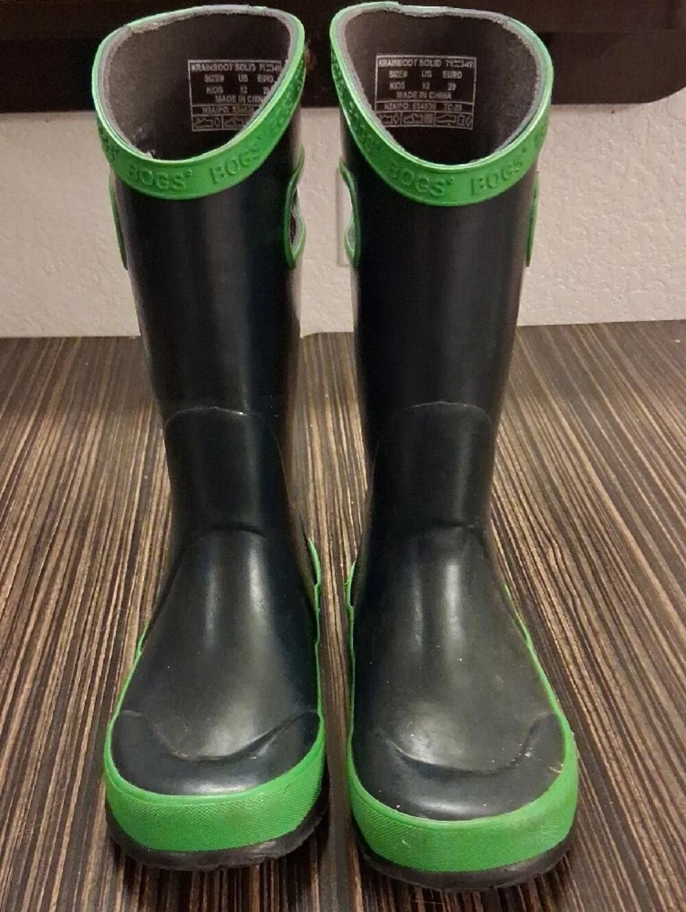 Bogs Black and Green Kids Rain Boots